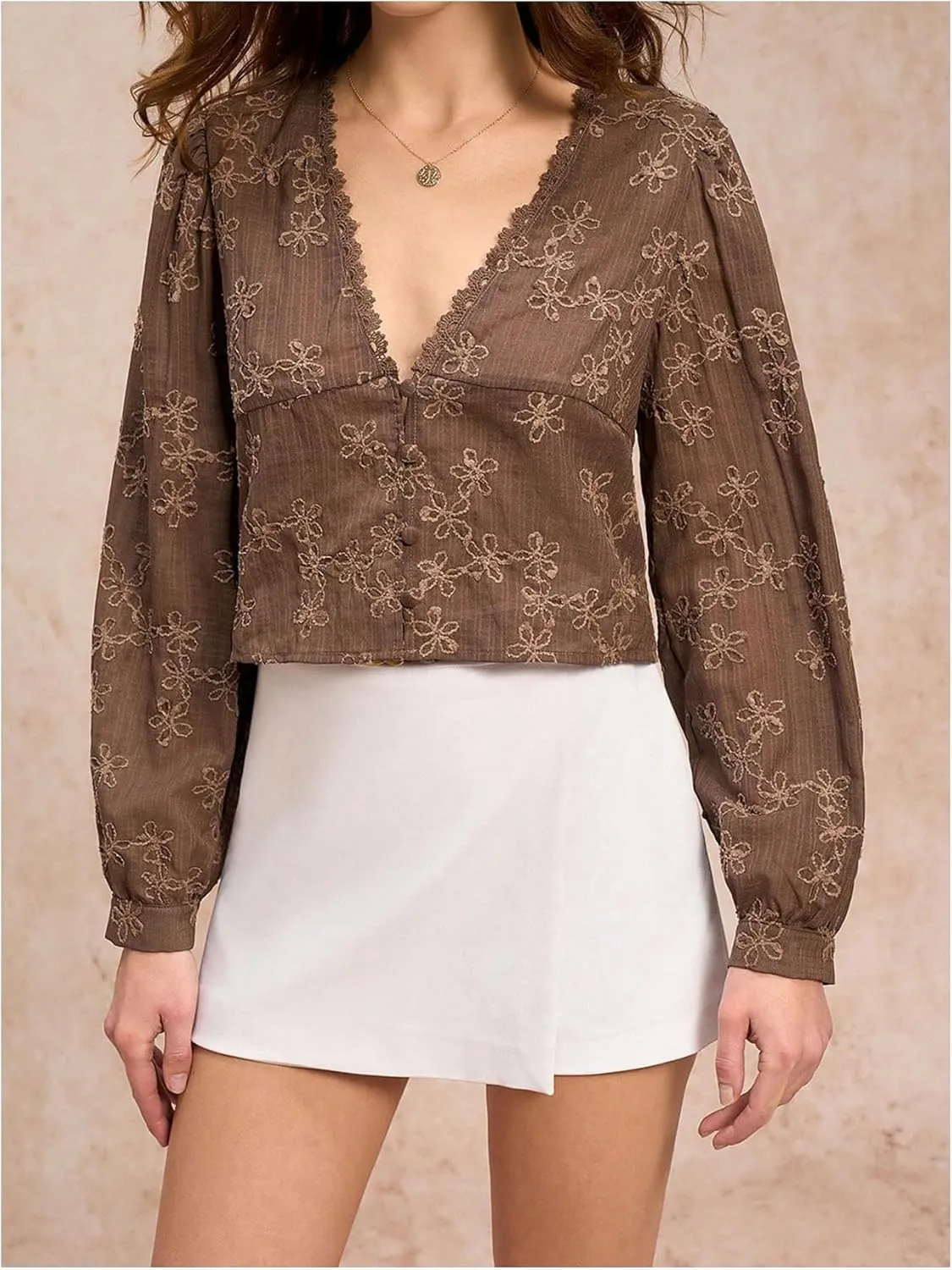 SHENHE Women's Floral Embroidered Long Sleeve Button Crop Blouse Sheer Dressy Top Shirt