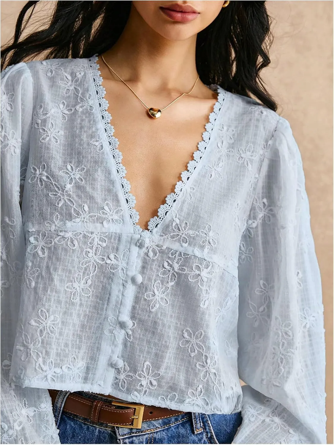 SHENHE Women's Floral Embroidered Long Sleeve Button Crop Blouse Sheer Dressy Top Shirt