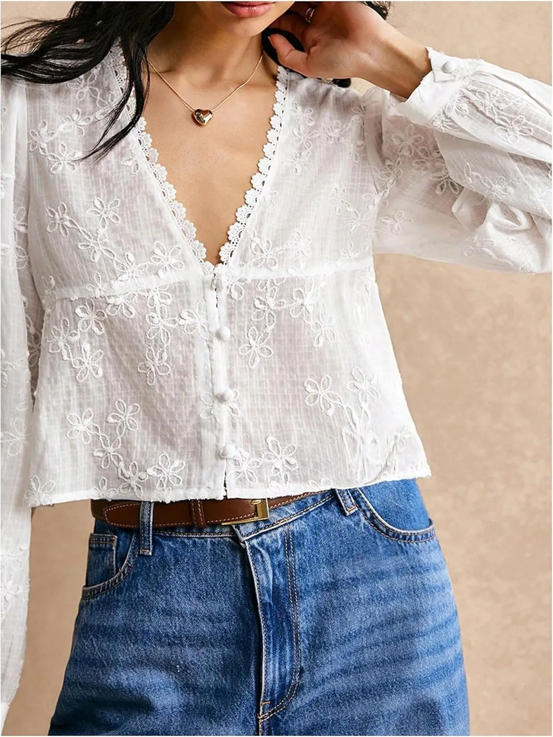 SHENHE Women's Floral Embroidered Long Sleeve Button Crop Blouse Sheer Dressy Top Shirt