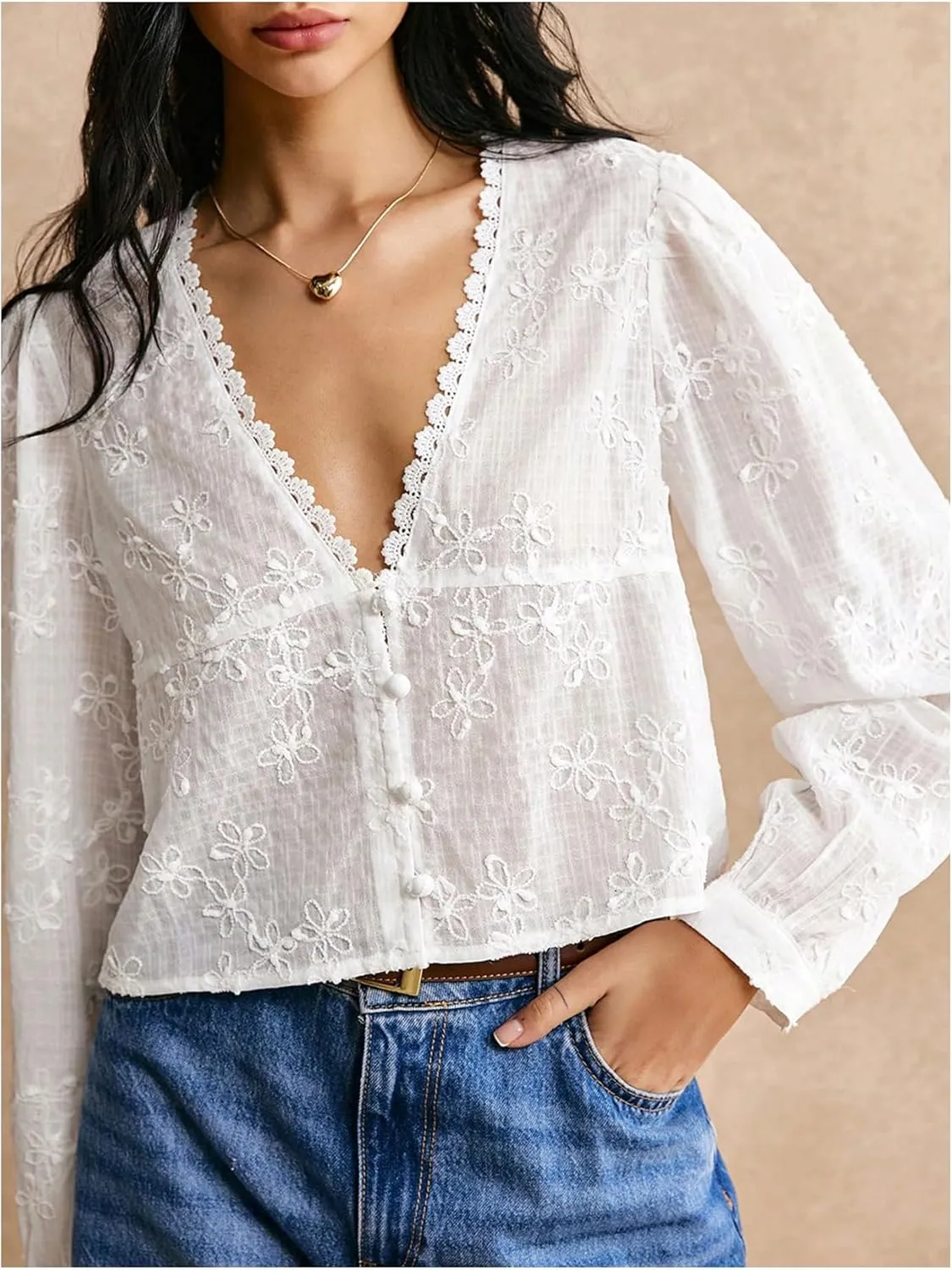 SHENHE Women's Floral Embroidered Long Sleeve Button Crop Blouse Sheer Dressy Top Shirt