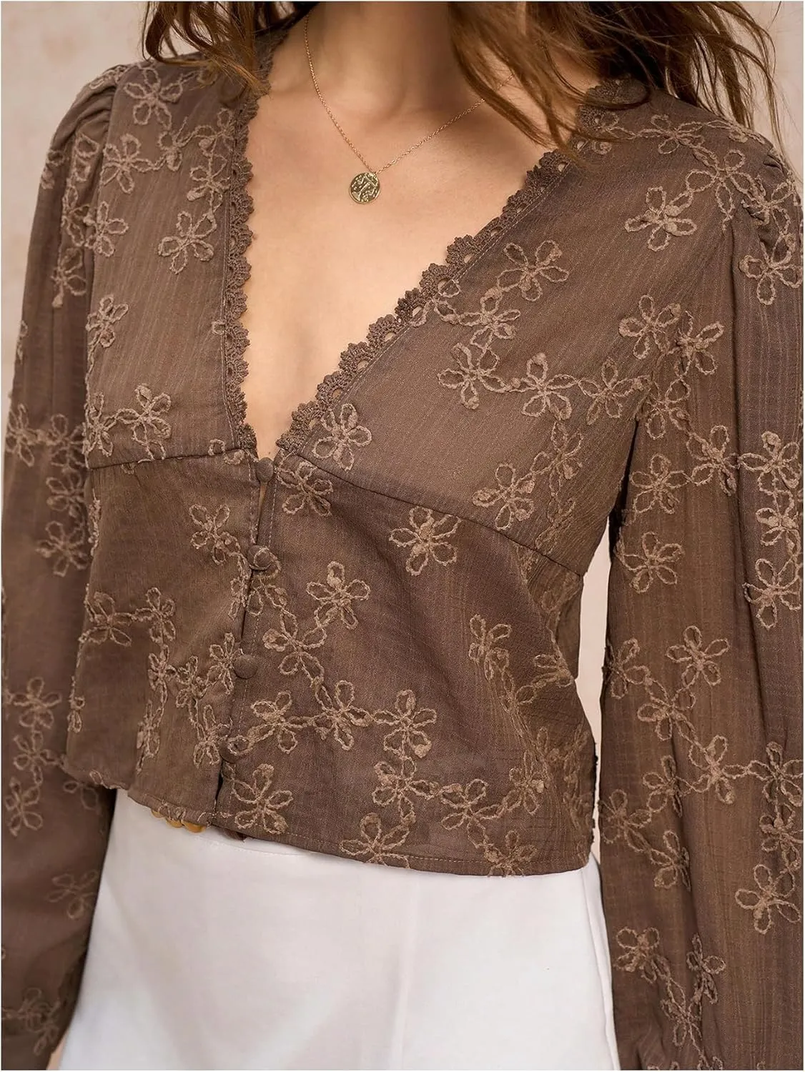 SHENHE Women's Floral Embroidered Long Sleeve Button Crop Blouse Sheer Dressy Top Shirt