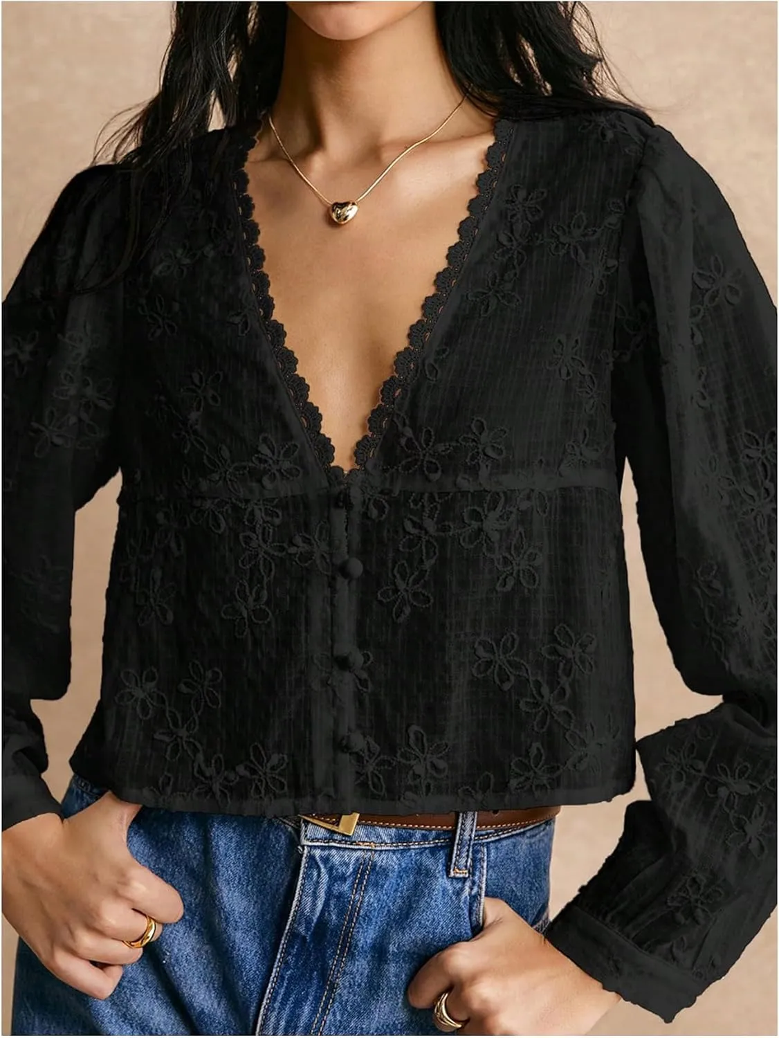 SHENHE Women's Floral Embroidered Long Sleeve Button Crop Blouse Sheer Dressy Top Shirt