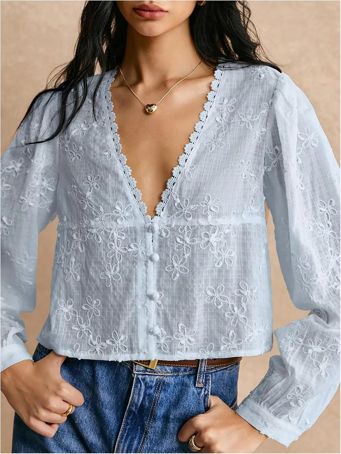 SHENHE Women's Floral Embroidered Long Sleeve Button Crop Blouse Sheer Dressy Top Shirt
