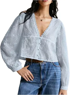 SHENHE Women's Floral Embroidered Long Sleeve Button Crop Blouse Sheer Dressy Top Shirt