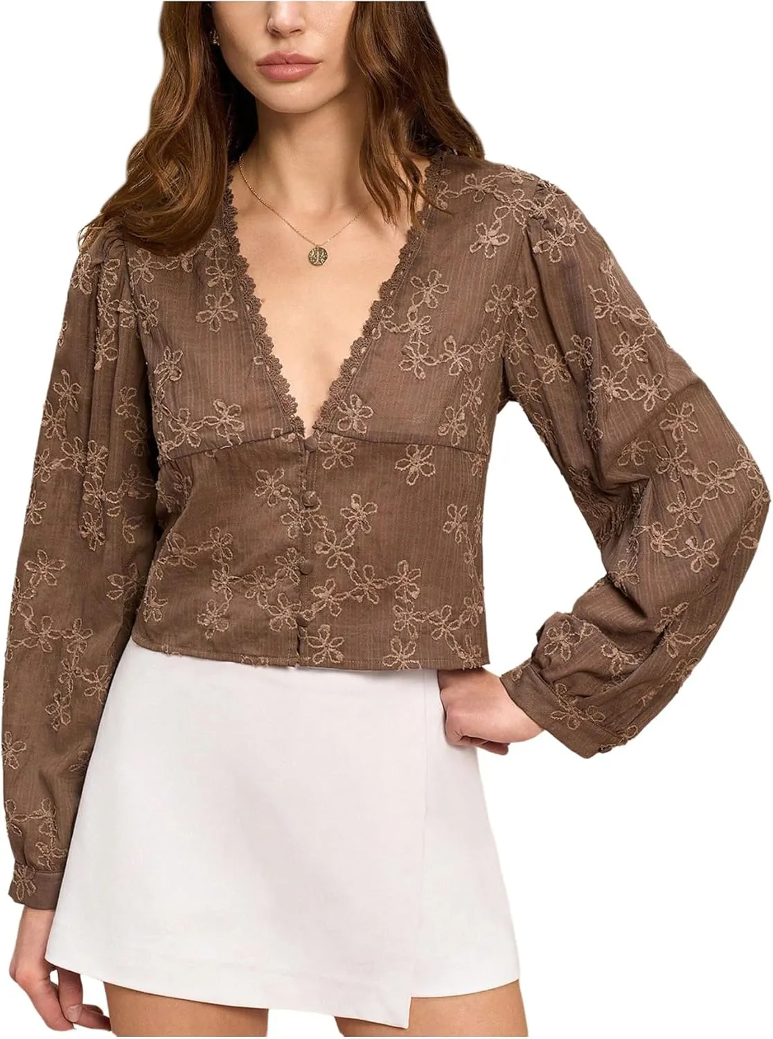 SHENHE Women's Floral Embroidered Long Sleeve Button Crop Blouse Sheer Dressy Top Shirt