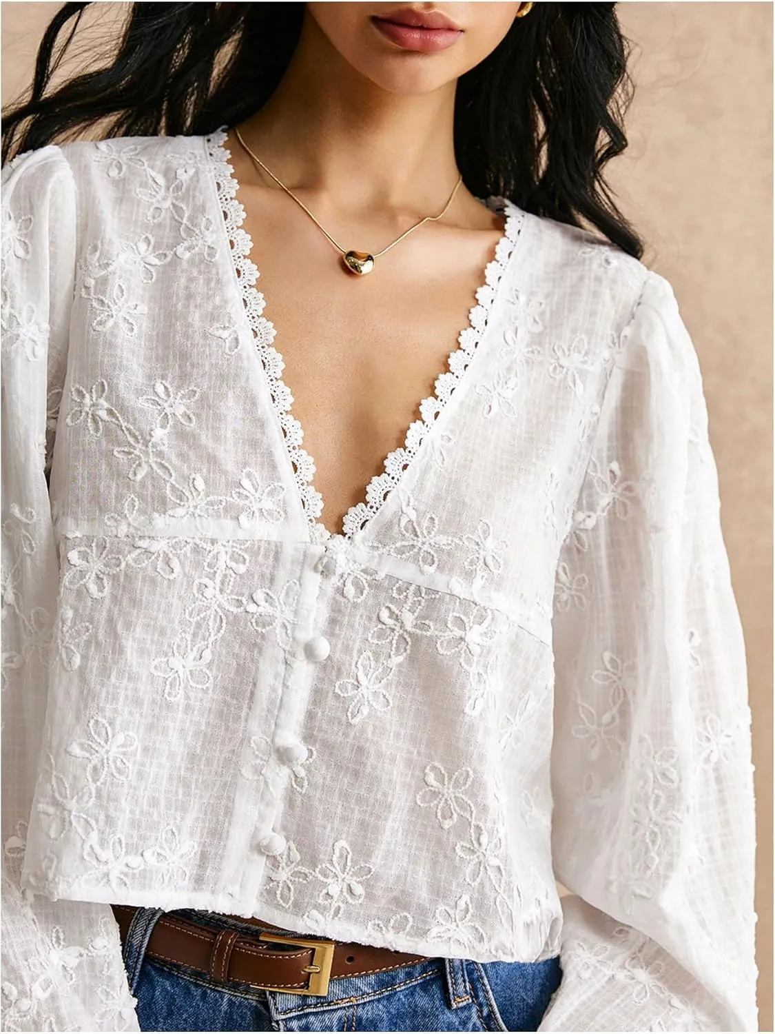 SHENHE Women's Floral Embroidered Long Sleeve Button Crop Blouse Sheer Dressy Top Shirt