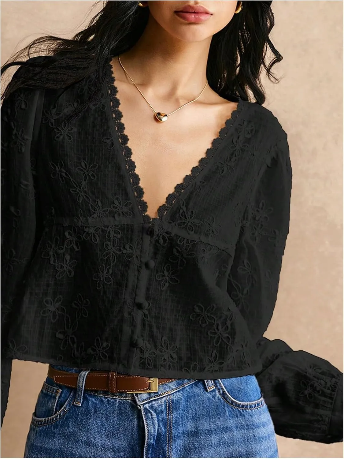 SHENHE Women's Floral Embroidered Long Sleeve Button Crop Blouse Sheer Dressy Top Shirt