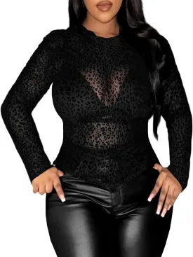 SHENHE Women's Plus Size Floral Lace Mesh Long Sleeve Sheer See Through Crop Top Sexy Blouse Rave Festival