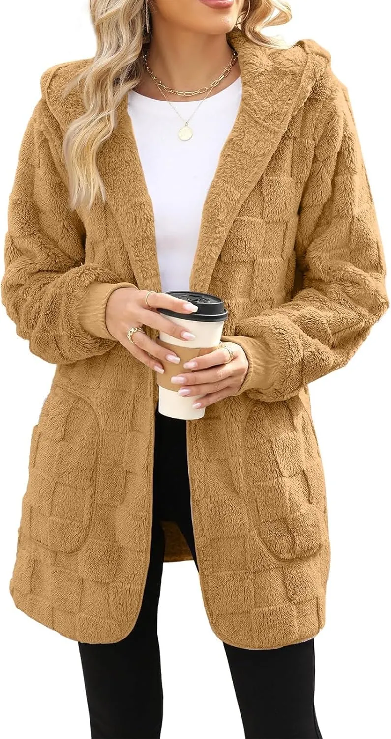 Sherpa Jacket Women Fuzzy Open Front Fleece Lined Jackets Soft Warm Hooded Cardigan Sweater Winter Coat with Pockets