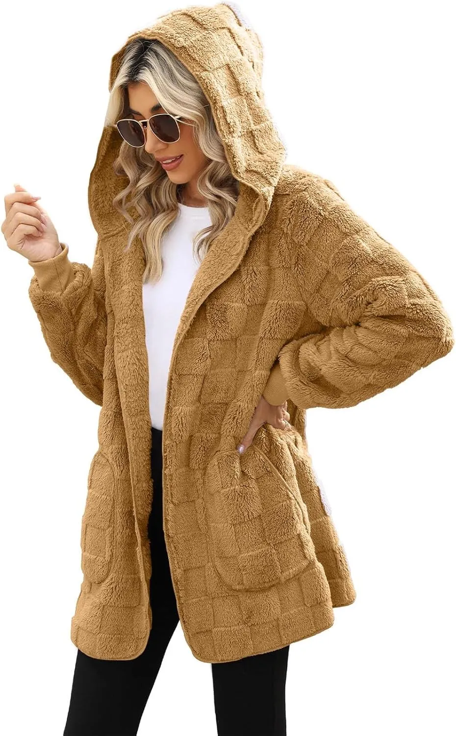 Sherpa Jacket Women Fuzzy Open Front Fleece Lined Jackets Soft Warm Hooded Cardigan Sweater Winter Coat with Pockets