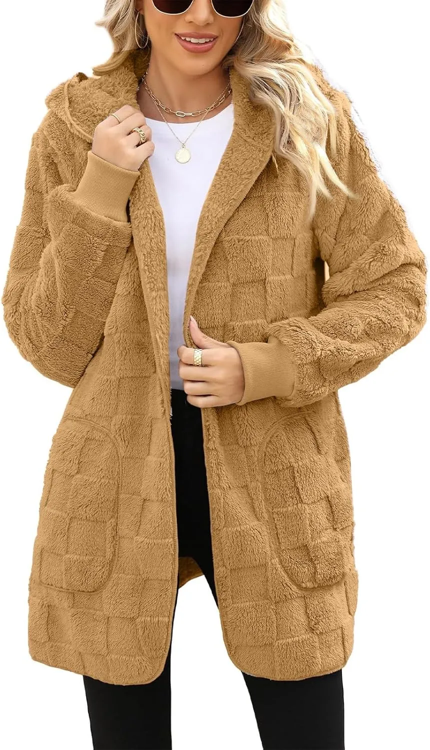 Sherpa Jacket Women Fuzzy Open Front Fleece Lined Jackets Soft Warm Hooded Cardigan Sweater Winter Coat with Pockets