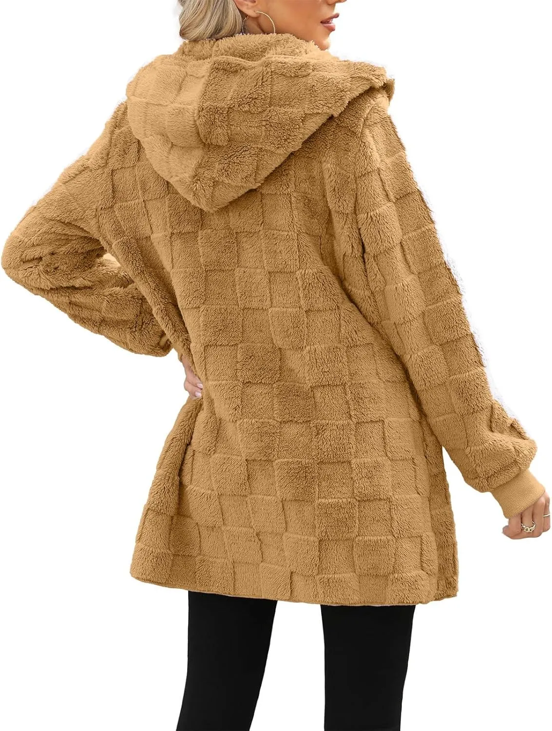 Sherpa Jacket Women Fuzzy Open Front Fleece Lined Jackets Soft Warm Hooded Cardigan Sweater Winter Coat with Pockets