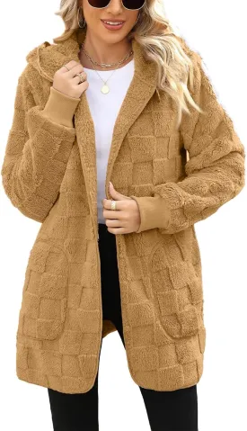 Sherpa Jacket Women Fuzzy Open Front Fleece Lined Jackets Soft Warm Hooded Cardigan Sweater Winter Coat with Pockets