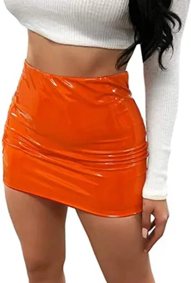 Springcmy Women Neon Leather Bodycon Mini Skirt Skirts Sexy Shiny Liquid Metallic Wet Look Latex Skirt