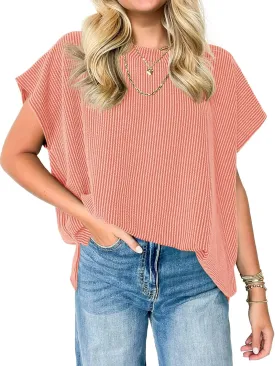 Tankaneo Womens Oversized Short Cap Sleeve Tunic Tops Summer Casual Textured Ribbed Knit T-Shirts Loose Fit Tees