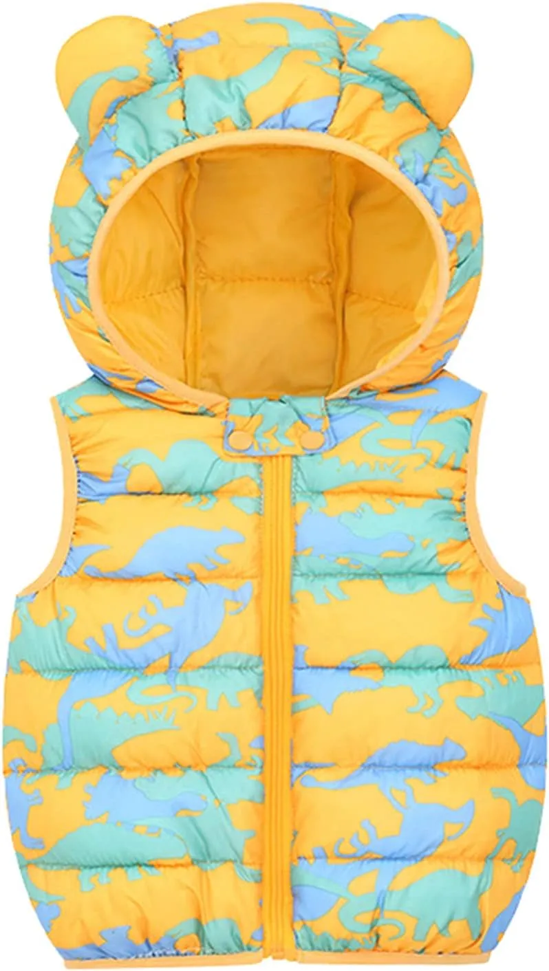 Toddler Baby Boys Girls Hooded Puffer Vest Cute Animals Print Lightweight Sleeveless Bear Ears Zipper Up Waistcoat