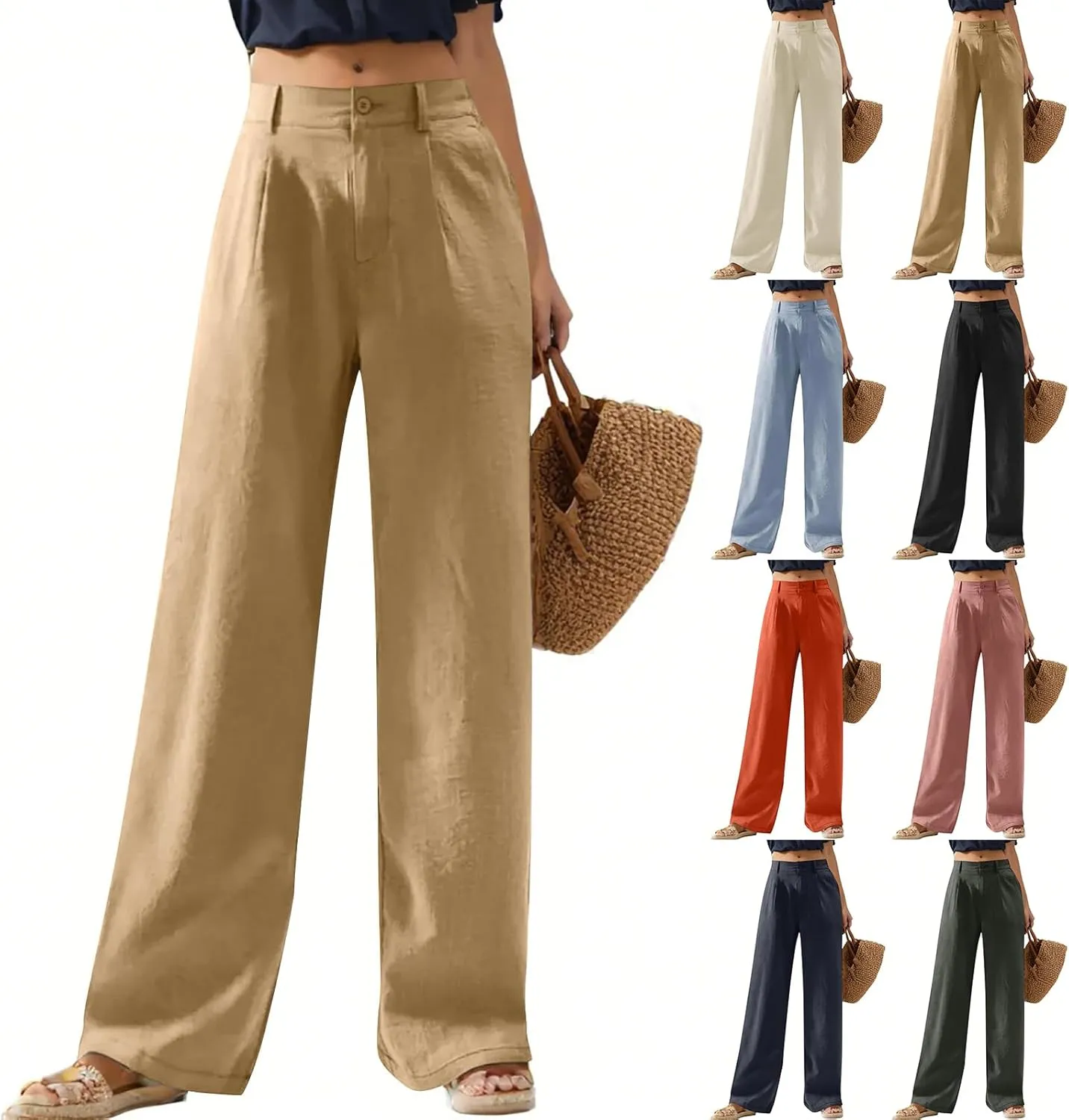 Wide Leg Linen Pants for Women Business Casual High Waisted Dress Pants Office Work Pants Straight Trousers w/Pockets