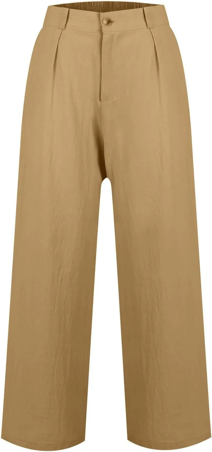 Wide Leg Linen Pants for Women Business Casual High Waisted Dress Pants Office Work Pants Straight Trousers w/Pockets