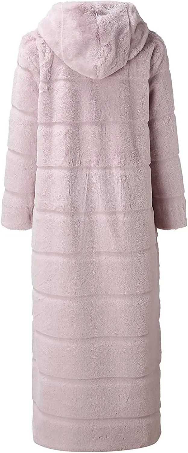 Women Faux Fur Winter Coats Comfort Warm Maxi Length Outerwear Open Front Long Cardigan Overcoat Hooded Fuzzy Jacket