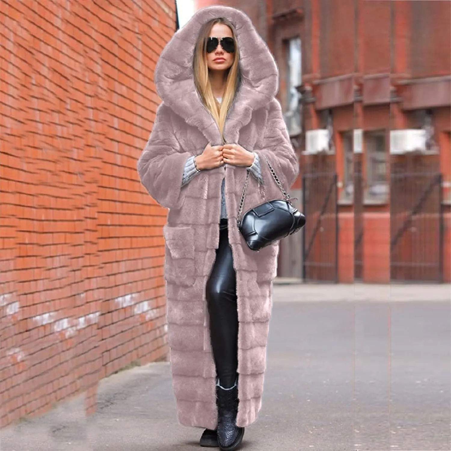 Women Faux Fur Winter Coats Comfort Warm Maxi Length Outerwear Open Front Long Cardigan Overcoat Hooded Fuzzy Jacket
