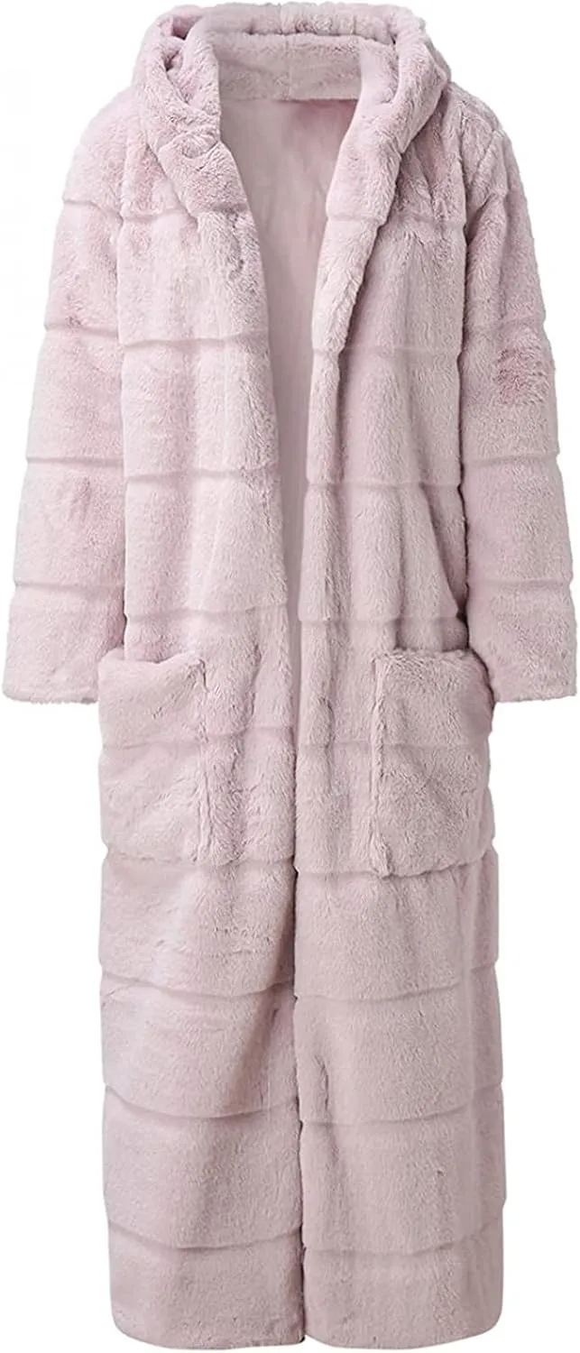 Women Faux Fur Winter Coats Comfort Warm Maxi Length Outerwear Open Front Long Cardigan Overcoat Hooded Fuzzy Jacket