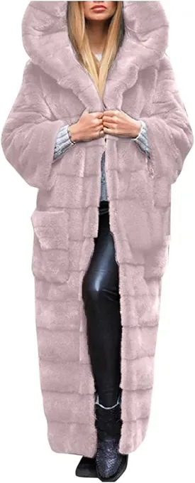 Women Faux Fur Winter Coats Comfort Warm Maxi Length Outerwear Open Front Long Cardigan Overcoat Hooded Fuzzy Jacket