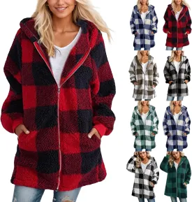 Women Fleece Jacket Plaid Hooded Zip Up Coat Comfy Fuzzy Sherpa Jacket Cardigan with Pockets Oversized Winter Coat
