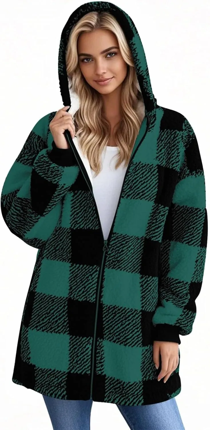 Women Fleece Jacket Plaid Hooded Zip Up Coat Comfy Fuzzy Sherpa Jacket Cardigan with Pockets Oversized Winter Coat
