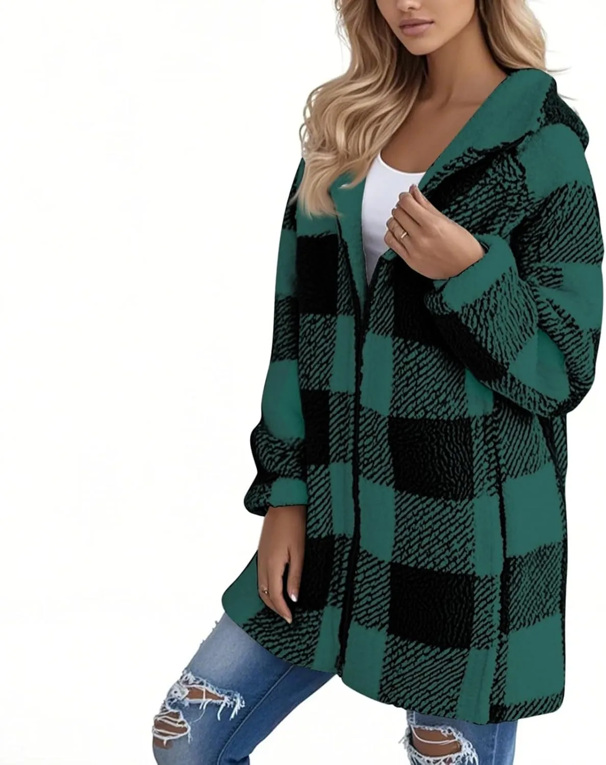 Women Fleece Jacket Plaid Hooded Zip Up Coat Comfy Fuzzy Sherpa Jacket Cardigan with Pockets Oversized Winter Coat