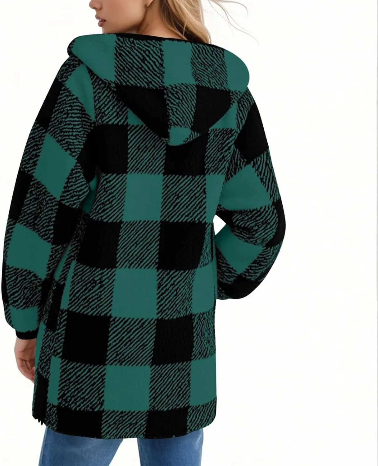 Women Fleece Jacket Plaid Hooded Zip Up Coat Comfy Fuzzy Sherpa Jacket Cardigan with Pockets Oversized Winter Coat