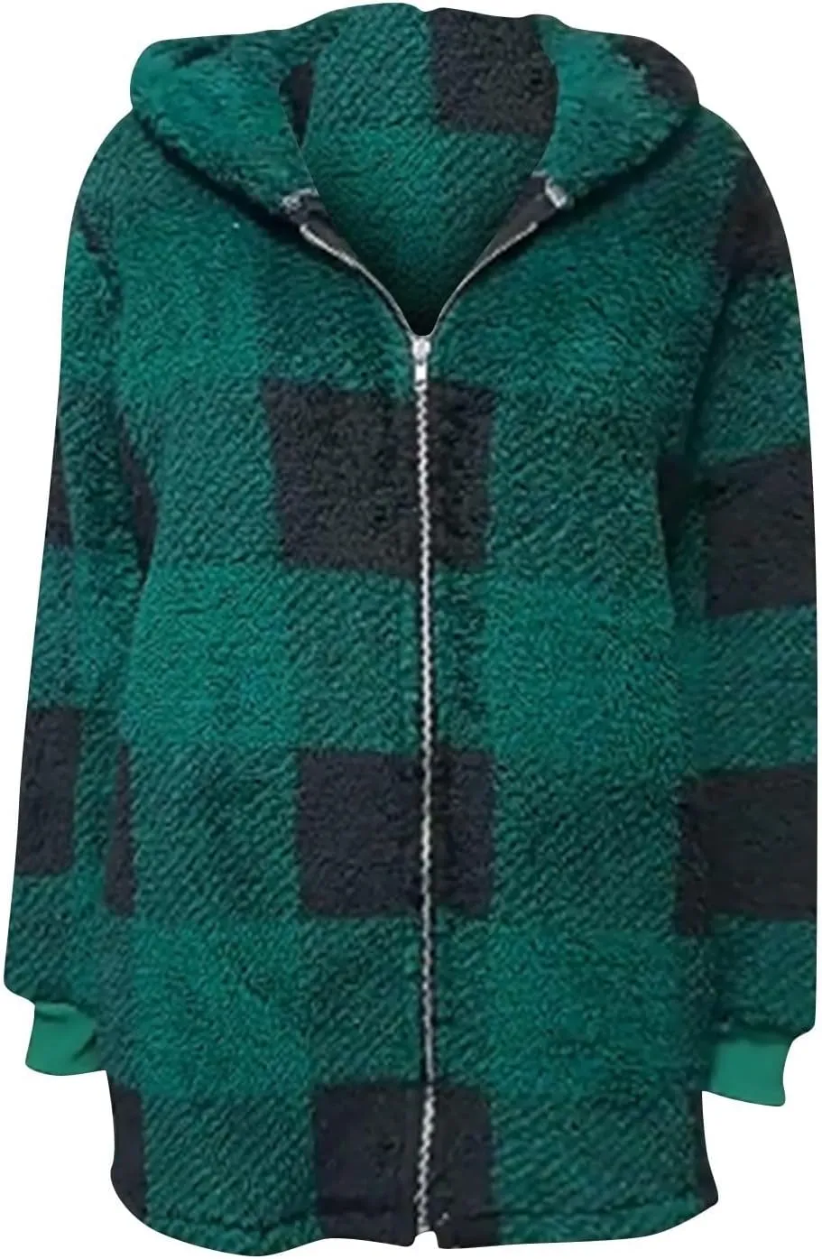Women Fleece Jacket Plaid Hooded Zip Up Coat Comfy Fuzzy Sherpa Jacket Cardigan with Pockets Oversized Winter Coat