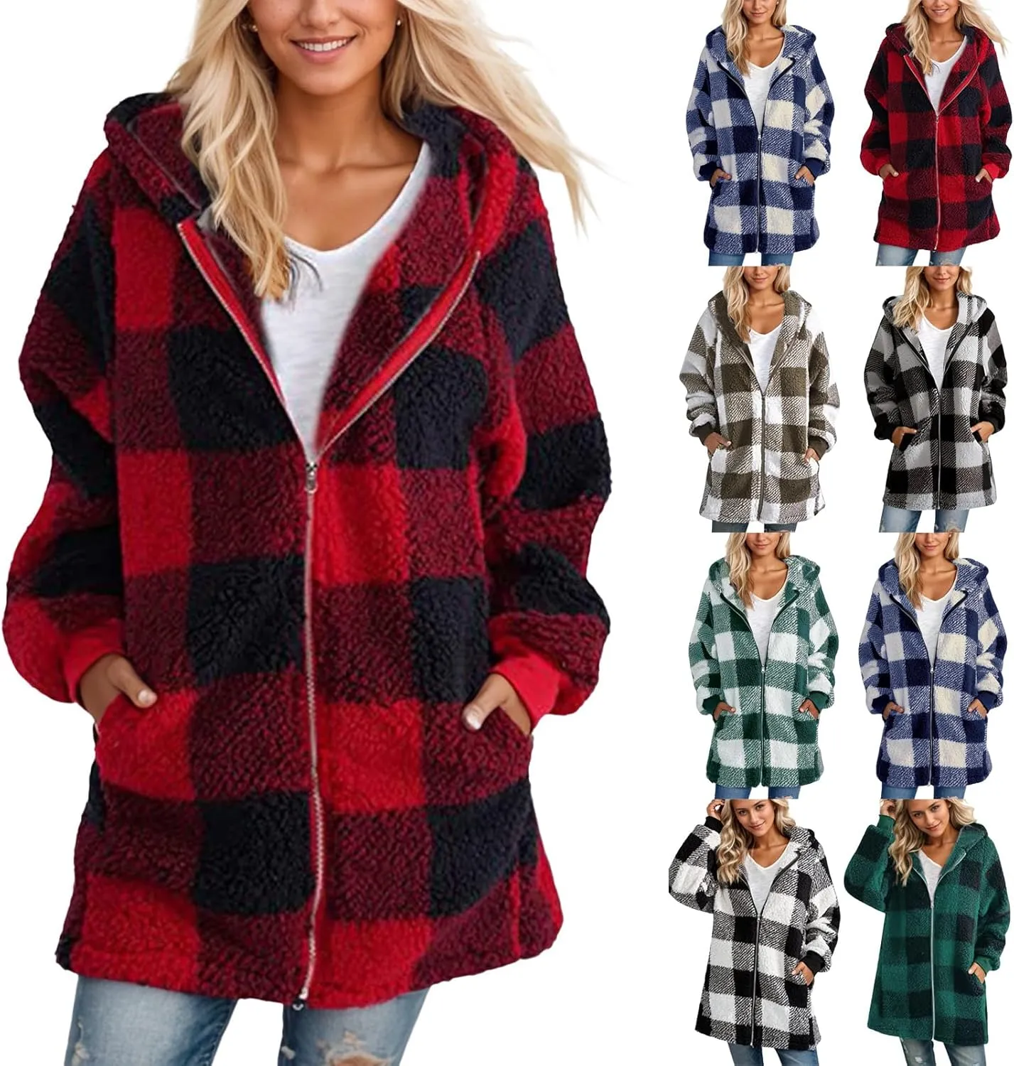 Women Fleece Jacket Plaid Hooded Zip Up Coat Comfy Fuzzy Sherpa Jacket Cardigan with Pockets Oversized Winter Coat