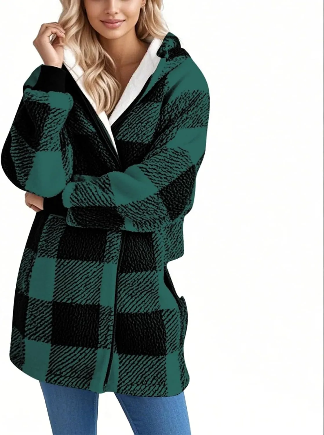 Women Fleece Jacket Plaid Hooded Zip Up Coat Comfy Fuzzy Sherpa Jacket Cardigan with Pockets Oversized Winter Coat