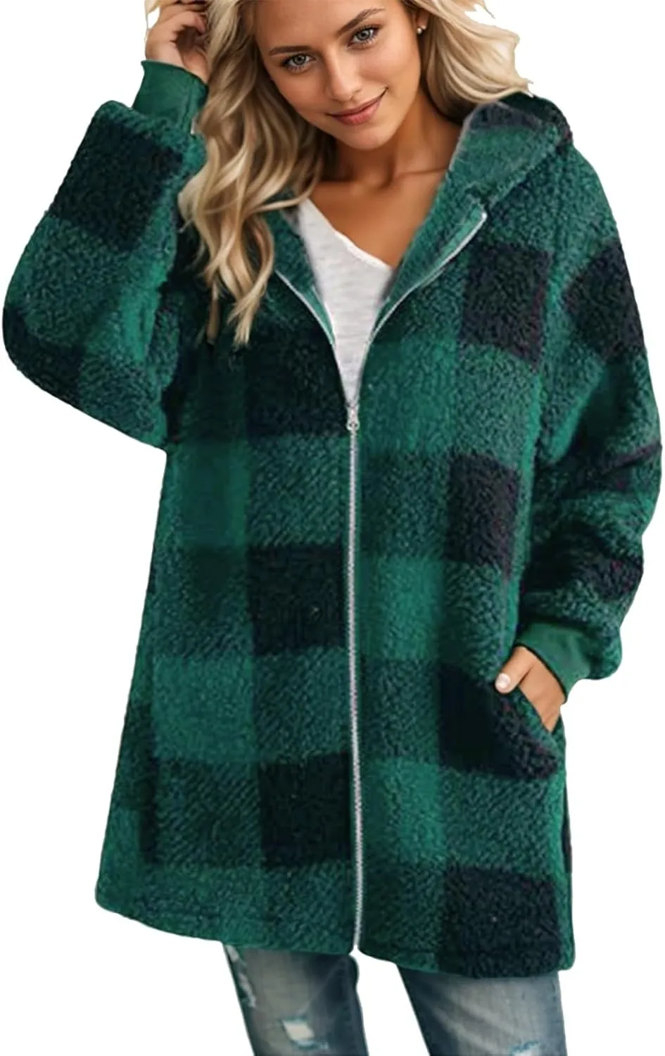 Women Fleece Jacket Plaid Hooded Zip Up Coat Comfy Fuzzy Sherpa Jacket Cardigan with Pockets Oversized Winter Coat