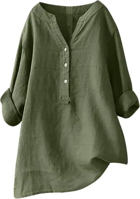 Women Summer Linen Shirts 3/4 Sleeve Cotton Blouse V Neck Button Tunic Tops Trendy Dressy Causal Clothing 2024