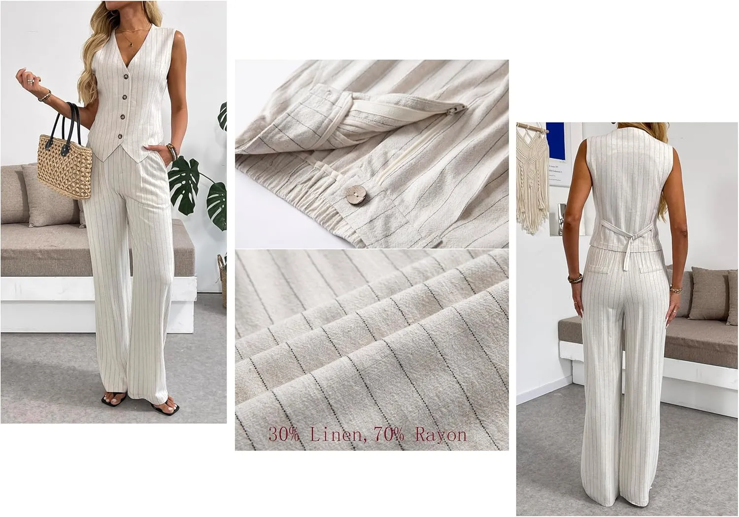 Women's 2 Piece Outfits Linen Vest Waistcoat Dressy Casual Sets Wide Leg Pants Suits