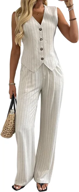 Women's 2 Piece Outfits Linen Vest Waistcoat Dressy Casual Sets Wide Leg Pants Suits
