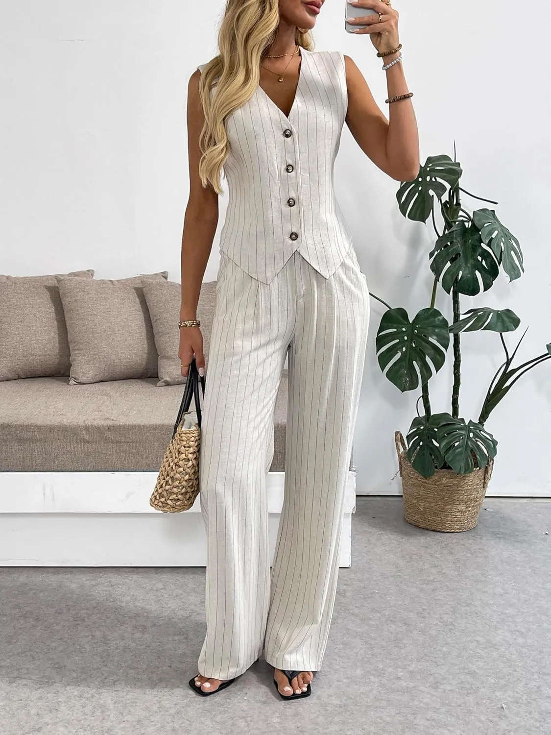 Women's 2 Piece Outfits Linen Vest Waistcoat Dressy Casual Sets Wide Leg Pants Suits