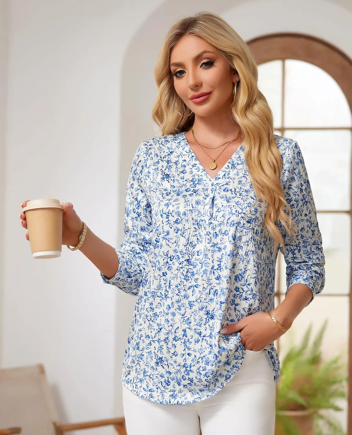 Womens 3 4 Sleeve Blouse Long Sleeve Business Casual Tunic Tops V Neck Work Tops Textured Dressy Casual Shirts
