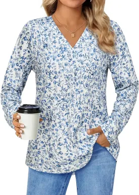 Womens 3 4 Sleeve Blouse Long Sleeve Business Casual Tunic Tops V Neck Work Tops Textured Dressy Casual Shirts