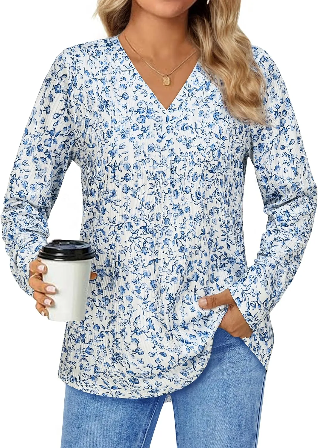 Womens 3 4 Sleeve Blouse Long Sleeve Business Casual Tunic Tops V Neck Work Tops Textured Dressy Casual Shirts