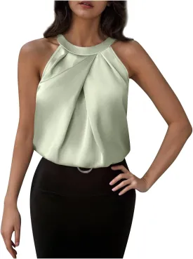Womens Eleganty Satin Tank Tops Round Neck Sleeveless Pleated Solid Color Back Button Vests Casual Soft Comfy Vest