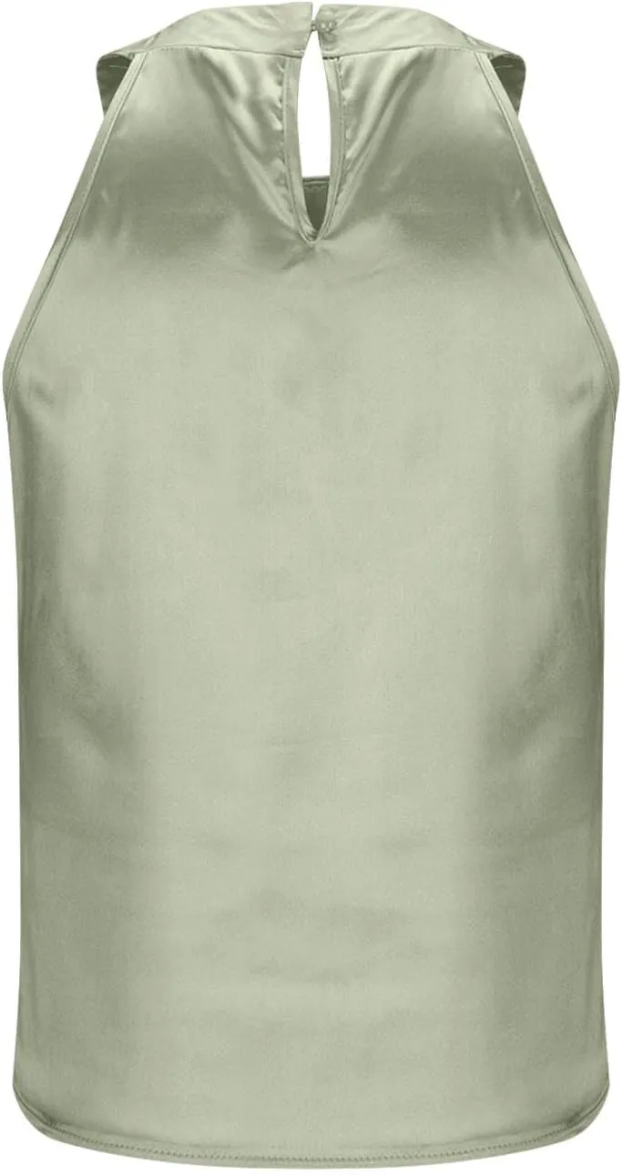Womens Eleganty Satin Tank Tops Round Neck Sleeveless Pleated Solid Color Back Button Vests Casual Soft Comfy Vest