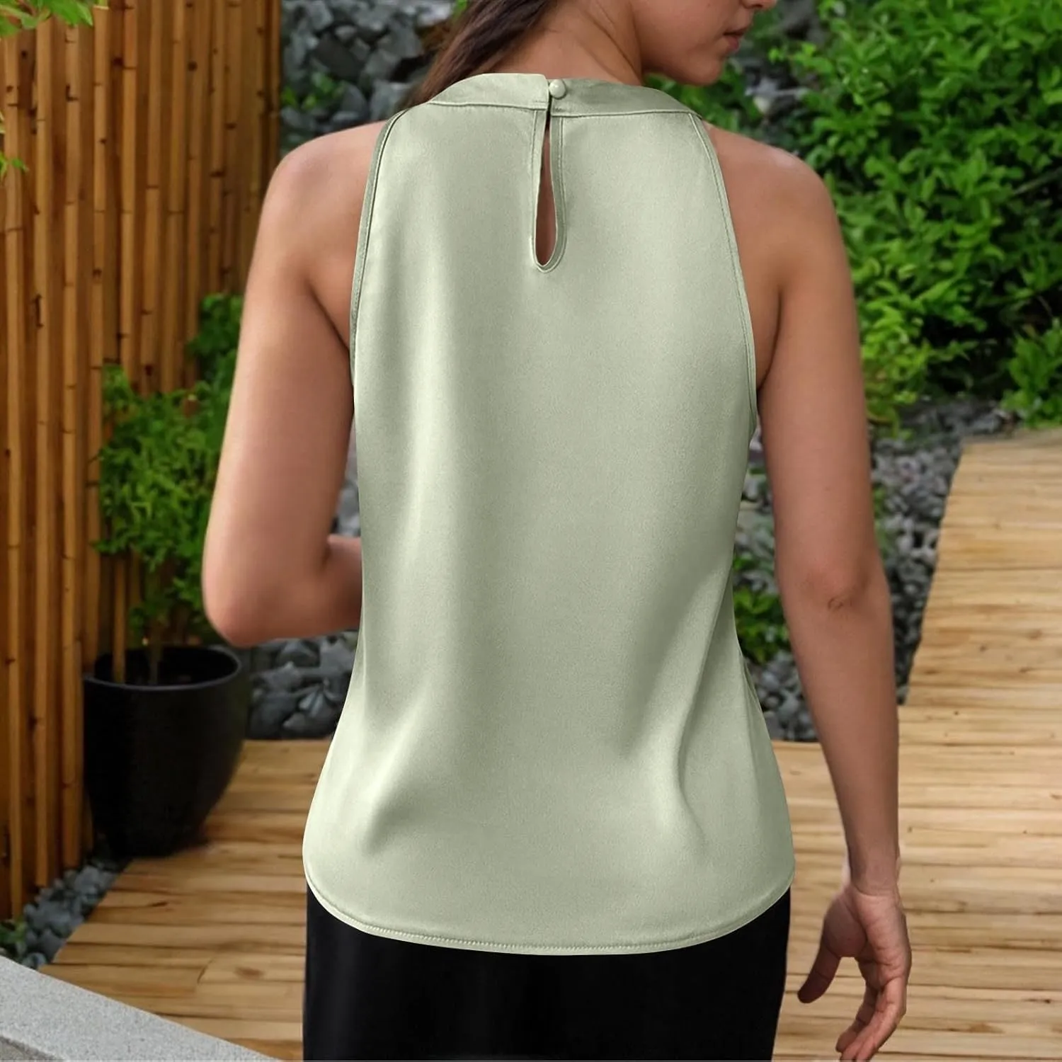 Womens Eleganty Satin Tank Tops Round Neck Sleeveless Pleated Solid Color Back Button Vests Casual Soft Comfy Vest