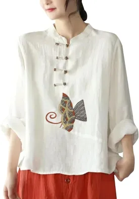 Womens Embroidery Linen Shirts Long Sleeve Mandarin Collar Casual Frog Button Chinese Traditional Tang Suit Shirt