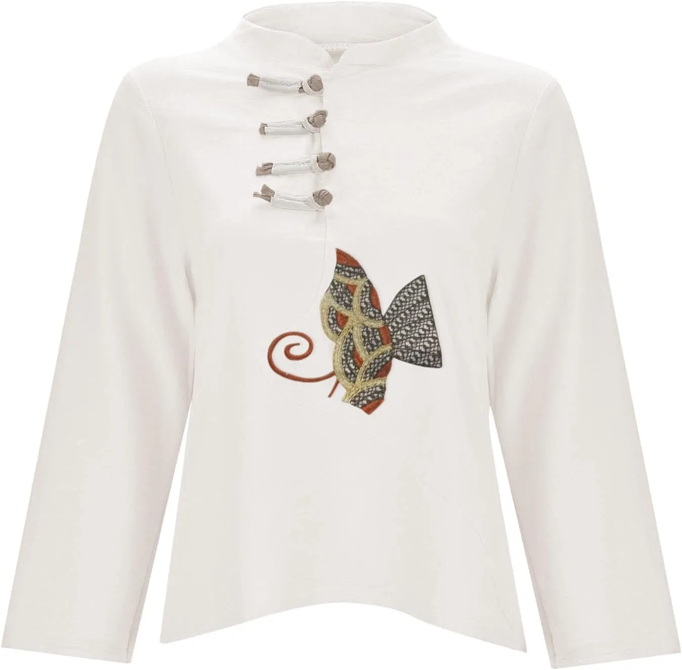 Womens Embroidery Linen Shirts Long Sleeve Mandarin Collar Casual Frog Button Chinese Traditional Tang Suit Shirt