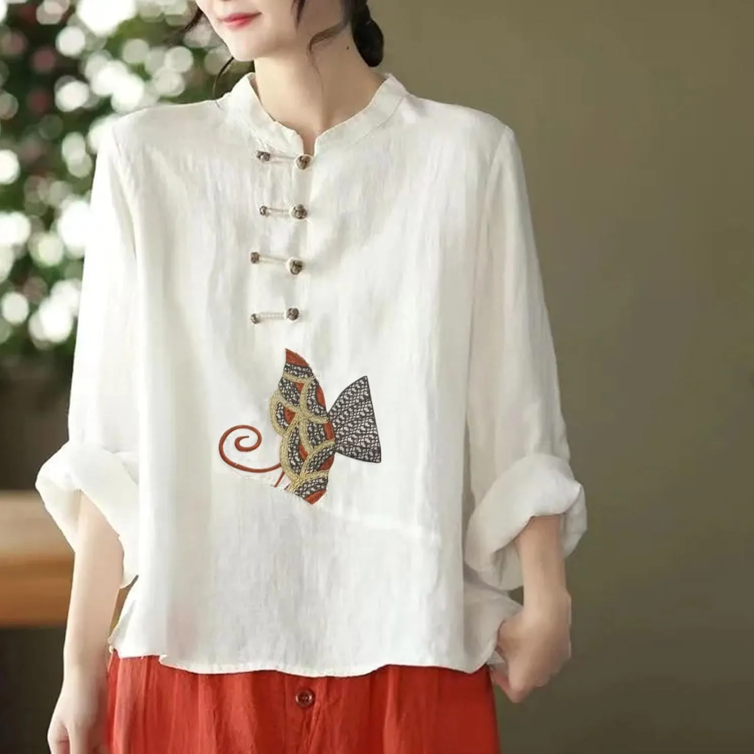 Womens Embroidery Linen Shirts Long Sleeve Mandarin Collar Casual Frog Button Chinese Traditional Tang Suit Shirt