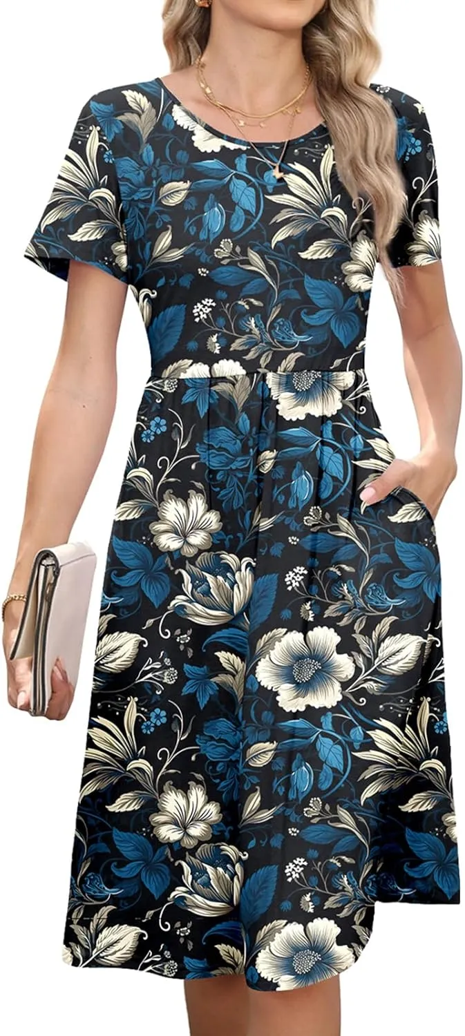Women's Empire Waist Pleated Dress Flowy Casual Knee Length Short Sleeve Dresses with Pockets 2025