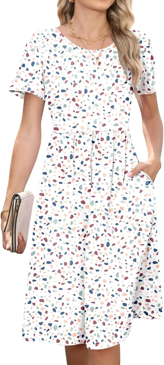 Women's Empire Waist Pleated Dress Flowy Casual Knee Length Short Sleeve Dresses with Pockets 2025