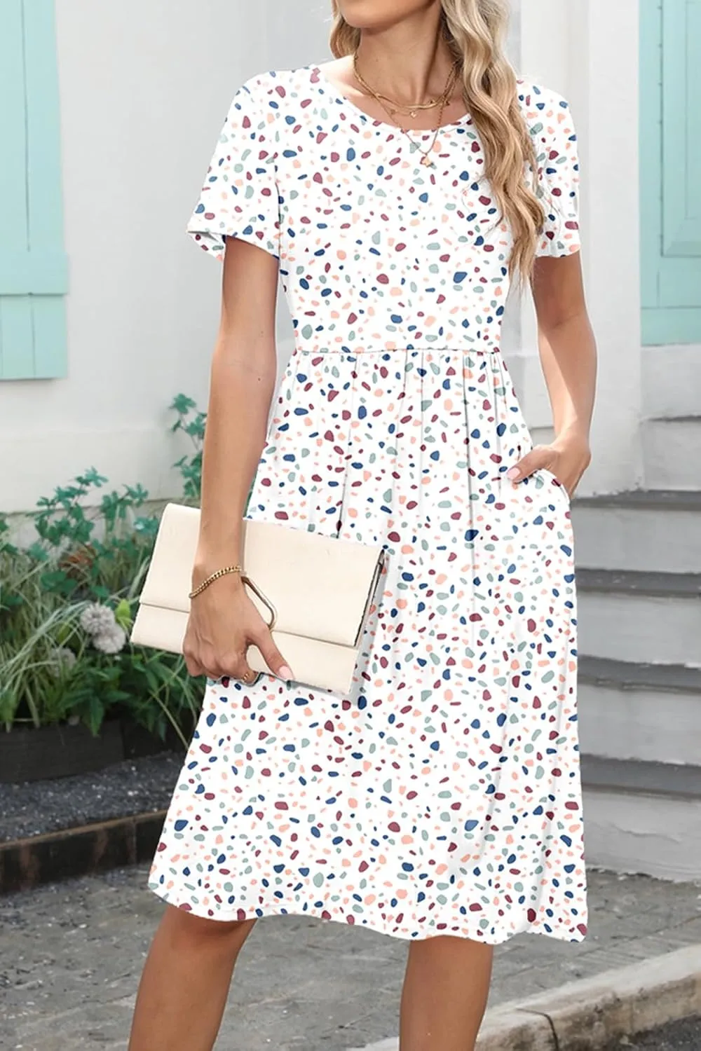 Women's Empire Waist Pleated Dress Flowy Casual Knee Length Short Sleeve Dresses with Pockets 2025